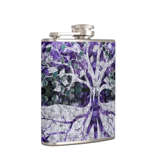 Silver Tree of Life Yggdrasil op Amethyst Geode Heupfles (Rechts)