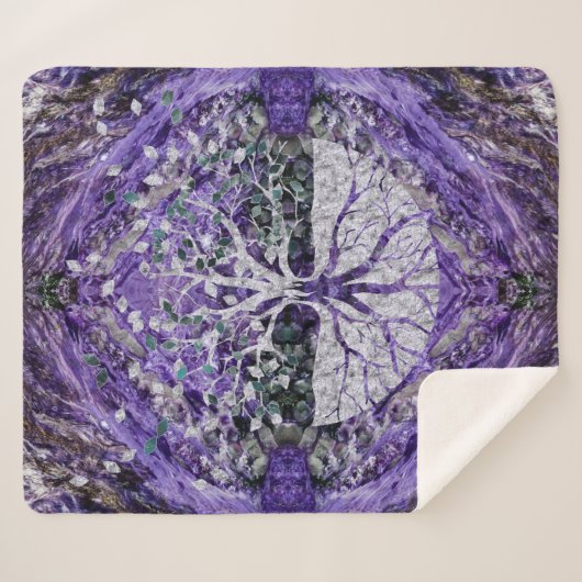 Silver Tree of Life Yggdrasil op Amethyst Geode Sherpa Deken (Voorkant (horizontaal))