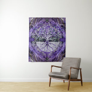 Silver Tree of Life Yggdrasil op Amethyst Geode Wandkleed