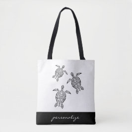 Silver Tribal Turtles White Coastal Monogram Tote Bag