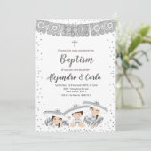 Silver Triplets Boy and Girl Baptism Invitation Kaart (Staand voorkant)