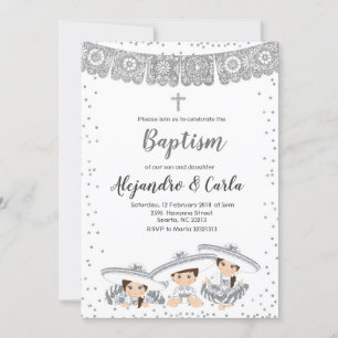Silver Triplets Boy and Girl Baptism Invitation Kaart