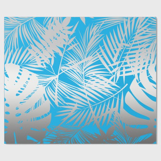 Silver tropisch bladpatroon op blauw oerwoud cadeaupapier (Vlak)
