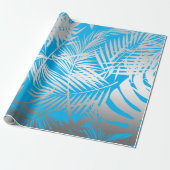 Silver tropisch bladpatroon op blauw oerwoud cadeaupapier (Uitgerold)