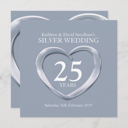 Silver trouwhart 25 jaar uitnodiging (Voorkant / Achterkant)