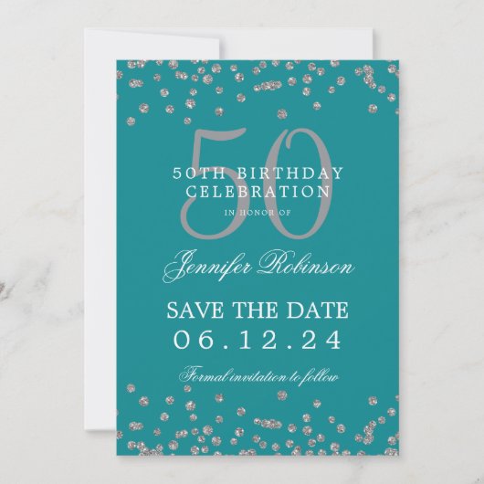 Silver Turquoise 50 Birthday Save Date Confetti Kaart (Voorkant)