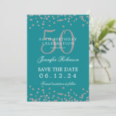 Silver Turquoise 50 Birthday Save Date Confetti Kaart (Staand voorkant)