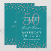 Silver Turquoise 50 Birthday Save Date Confetti Kaart (Voorkant / Achterkant)