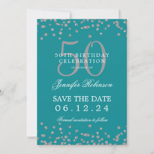 Silver Turquoise 50 Birthday Save Date Confetti Kaart