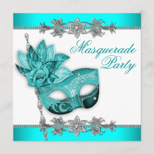 Silver Turquoise Blue Masquerade Party-uitnodiging Kaart