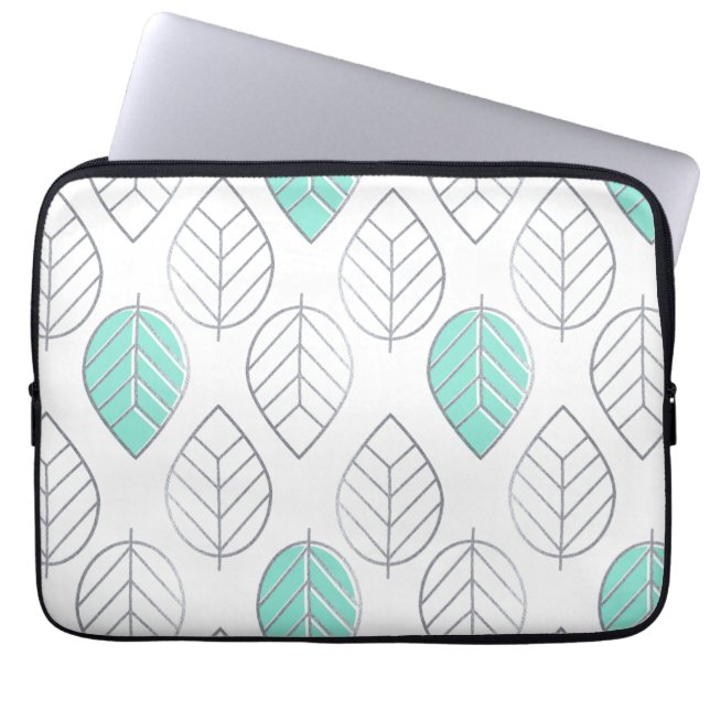 Silver & Turquoise Chic & Modern Leaf Design Laptop Sleeve (Voorkant)