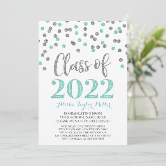 Silver Turquoise Confetti Graduation Party 2022 Kaart (Staand voorkant)