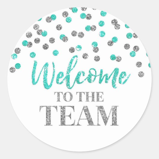Silver Turquoise Confetti Welkom bij Team Ronde Sticker (Voorkant)