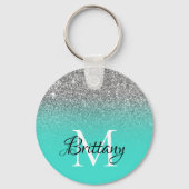 Silver Turquoise Glitter Ombre Monogram Sleutelhanger (Voorkant)