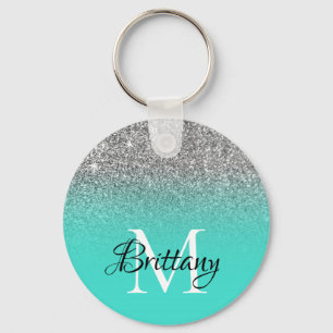 Silver Turquoise Glitter Ombre Monogram Sleutelhanger