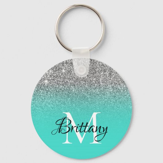 Silver Turquoise Glitter Ombre Monogram Sleutelhanger (Voorkant)
