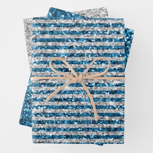 Silver Turquoise Glitter Stripes Inpakpapier Vel (In situ)