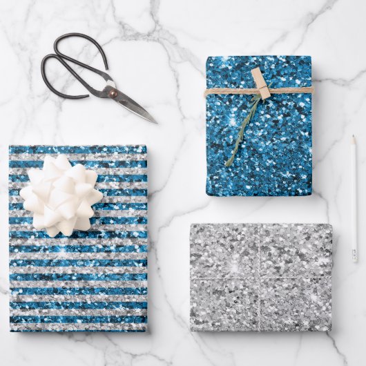 Silver Turquoise Glitter Stripes Inpakpapier Vel (Voorkant)