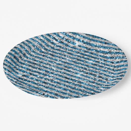 Silver Turquoise Glitter Stripes Papieren Bordje (Gekanteld)