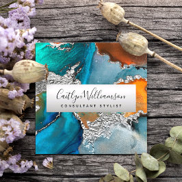 Silver turquoise marble waterverf stylist script vierkante visitekaartje
