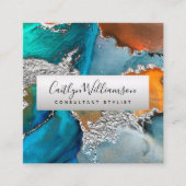 Silver turquoise marble waterverf stylist script vierkante visitekaartje (Voorkant)