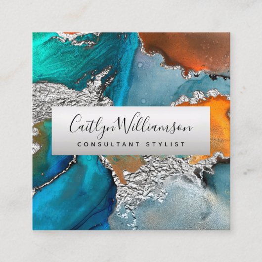 Silver turquoise marble waterverf stylist script vierkante visitekaartje (Voorkant)