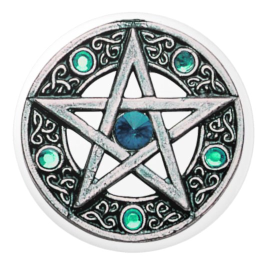 Silver & Turquoise Pentagram Ceramic Knob. Keramische Knop (Voorkant)