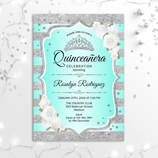 Silver Turquoise Quinceanera Uitnodiging