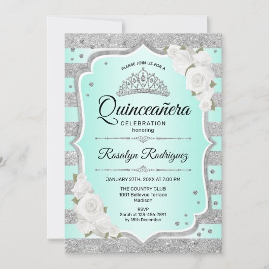 Silver Turquoise Quinceanera Uitnodiging (Voorkant)