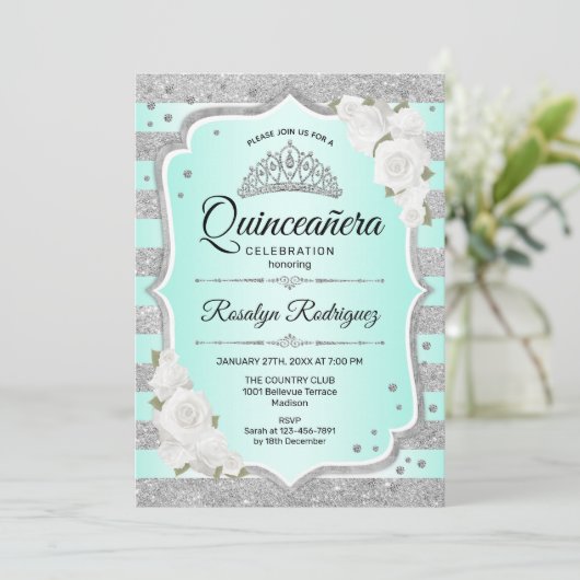 Silver Turquoise Quinceanera Uitnodiging (Staand voorkant)