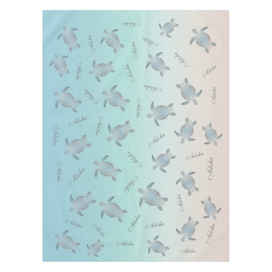 Silver Turquoise Zee Turtles Aloha Coastal Tafelkleed (Voorkant)