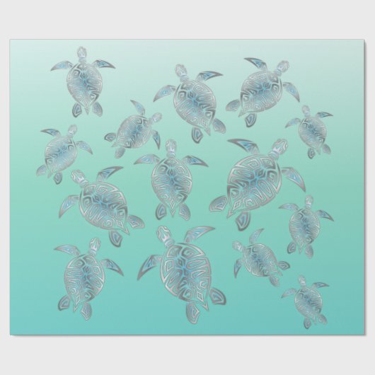 Silver Turquoise Zee Turtles Coastal Pattern Cadeaupapier (Vlak)