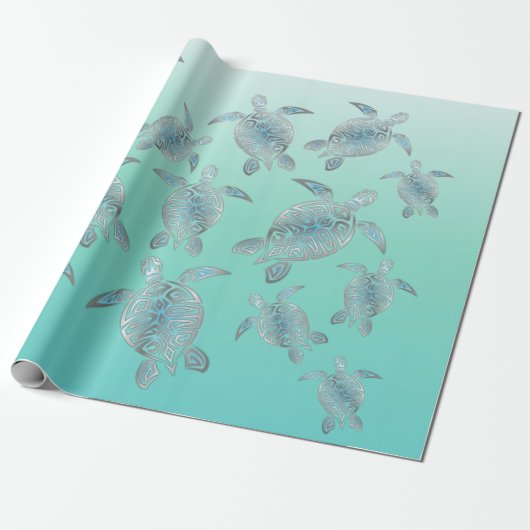 Silver Turquoise Zee Turtles Coastal Pattern Cadeaupapier (Uitgerold)