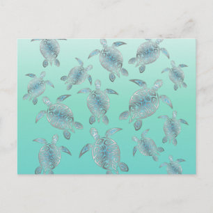 Silver Turquoise Zee Turtles Pattern Briefkaart