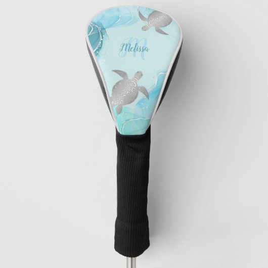 Silver Turtle Blue Coastal Monogram Jouw naam Golfheadcover (Voorkant)