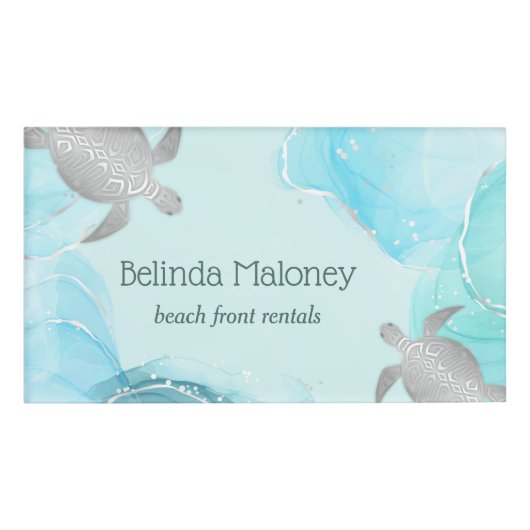 Silver Turtle Blue Ink Coastal Naambadge (Voorkant)