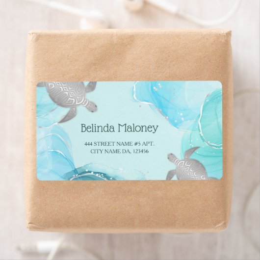Silver Turtle Blue Ink Coastal QR Code Etiket (Insitu)