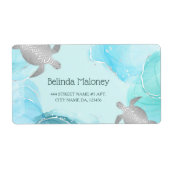 Silver Turtle Blue Ink Coastal QR Code Etiket (Voorkant)