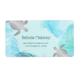 Silver Turtle Blue Ink Coastal QR Code Etiket