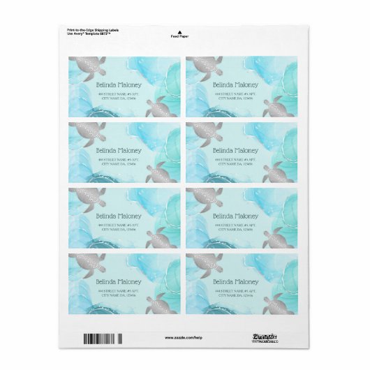 Silver Turtle Blue Ink Coastal QR Code Etiket (Full Sheet)