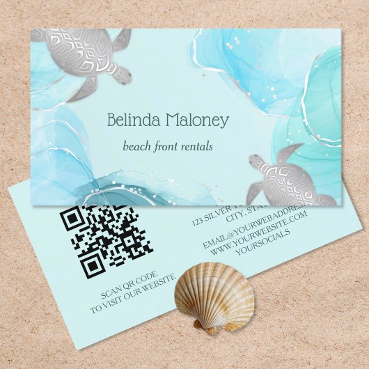 Silver Turtle Blue Ink Coastal QR Code Visitekaartje