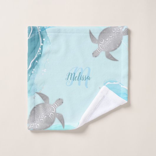 Silver Turtle Light Blue Marble Monogram Jouw naam Bad Handdoek (Wasdoekje)