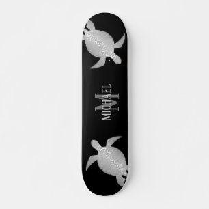 Silver Turtle Tribal Black Background Monogram Persoonlijk Skateboard
