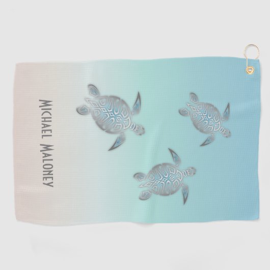 Silver Turtles Beach Style Jouw naam Golf Towel Golfhanddoek (Horizontaal)
