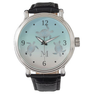 Silver Turtles Beach Style Modern Monogram Horloge