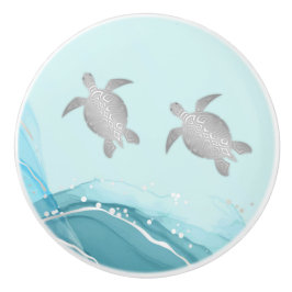 Silver Turtles Blue Ink Background | Coastal  Keramische Knop