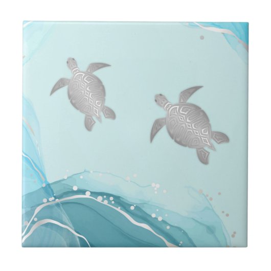 Silver Turtles Blue Ink Background | Kustkust Tegeltje (Voorkant)