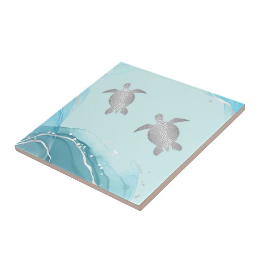 Silver Turtles Blue Ink Background | Kustkust Tegeltje (Zijkant)