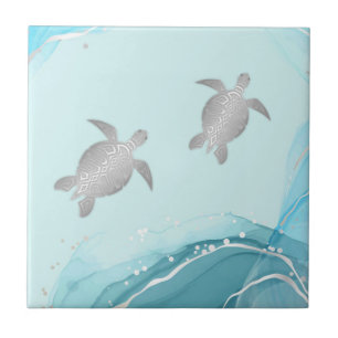 Silver Turtles Blue Ink Background   Kustkust Tegeltje