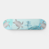 Silver Turtles Blue Marble Monogram Jouw naam Persoonlijk Skateboard (Horizontaal)